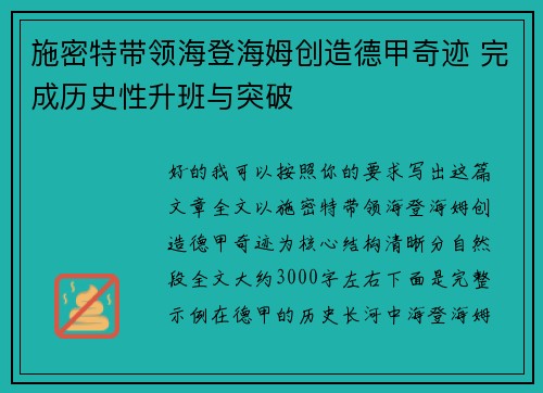 施密特带领海登海姆创造德甲奇迹 完成历史性升班与突破
