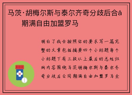 马茨·胡梅尔斯与泰尔齐奇分歧后合同期满自由加盟罗马